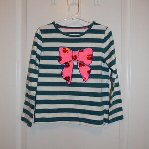 MINI BODEN TShirt 6-7 Bow Reversible Sequin Pink Gold Silver Green Striped Holid